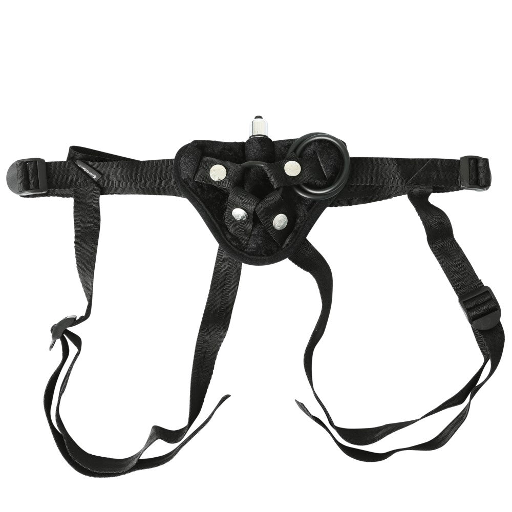 Vibrating Velvet Harness Strap On Harness Black