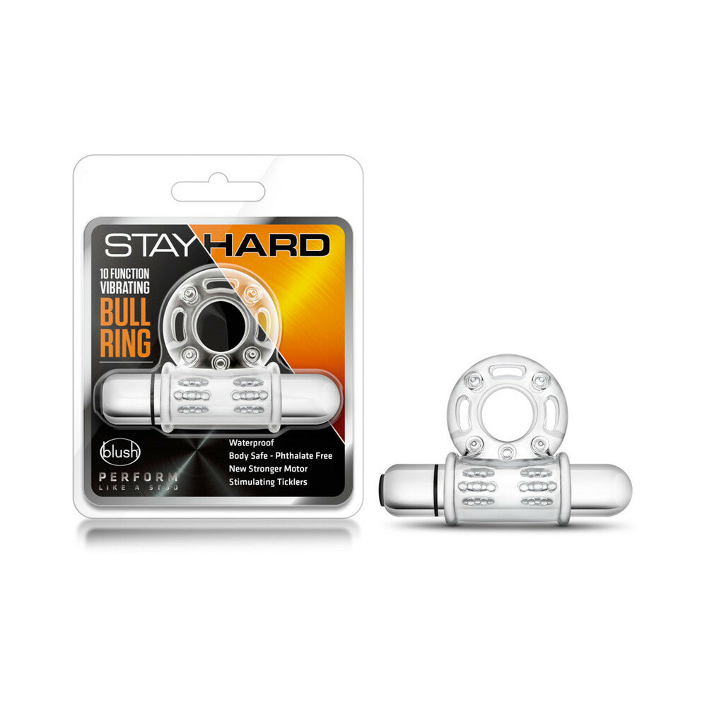 Blush Stay Hard 10 Function Vibrating Bull Ring Cock Ring - Clear