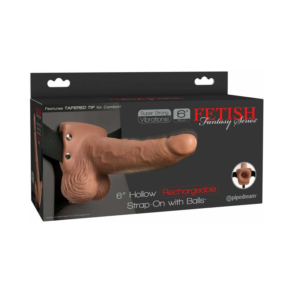 Fetish Fantasy 6In Hollow Rechargeable Strap-On With Balls, Tan