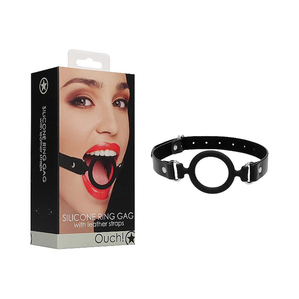 Ouch! Silicone Ring Gag With Leather Straps - Black