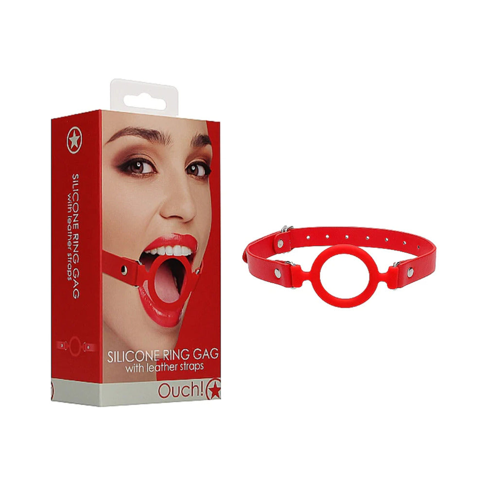 Ouch Silicone Ring Gag With Leather Straps - Red