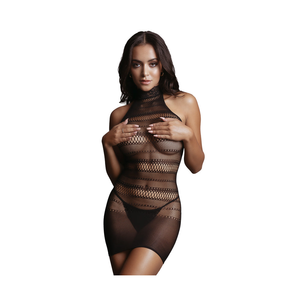 Shots Le Desir High Lace Neck Net Mini Dress