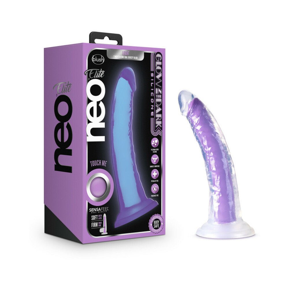 Neo Elite - Glow-In-The-Dark Light - 7-Inch Silicone Dual-Density Dildo - Neon Purple