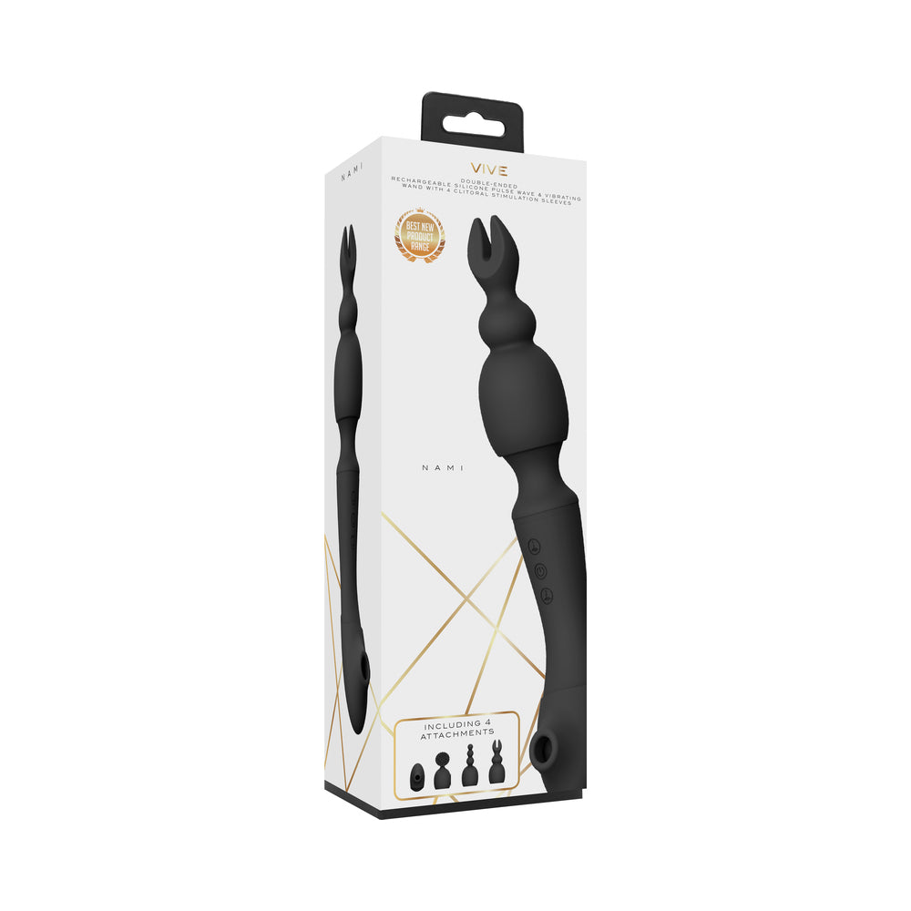 Vive - Nami Rechargeable Pulse-Wave Double-Ended Silicone Wand With Interchangeable Sleeves - Black