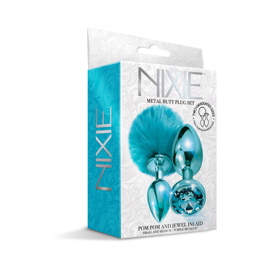 Nixie Metal Butt Plug Set Pom Pom And Jewel-Inlaid Metallic Blue