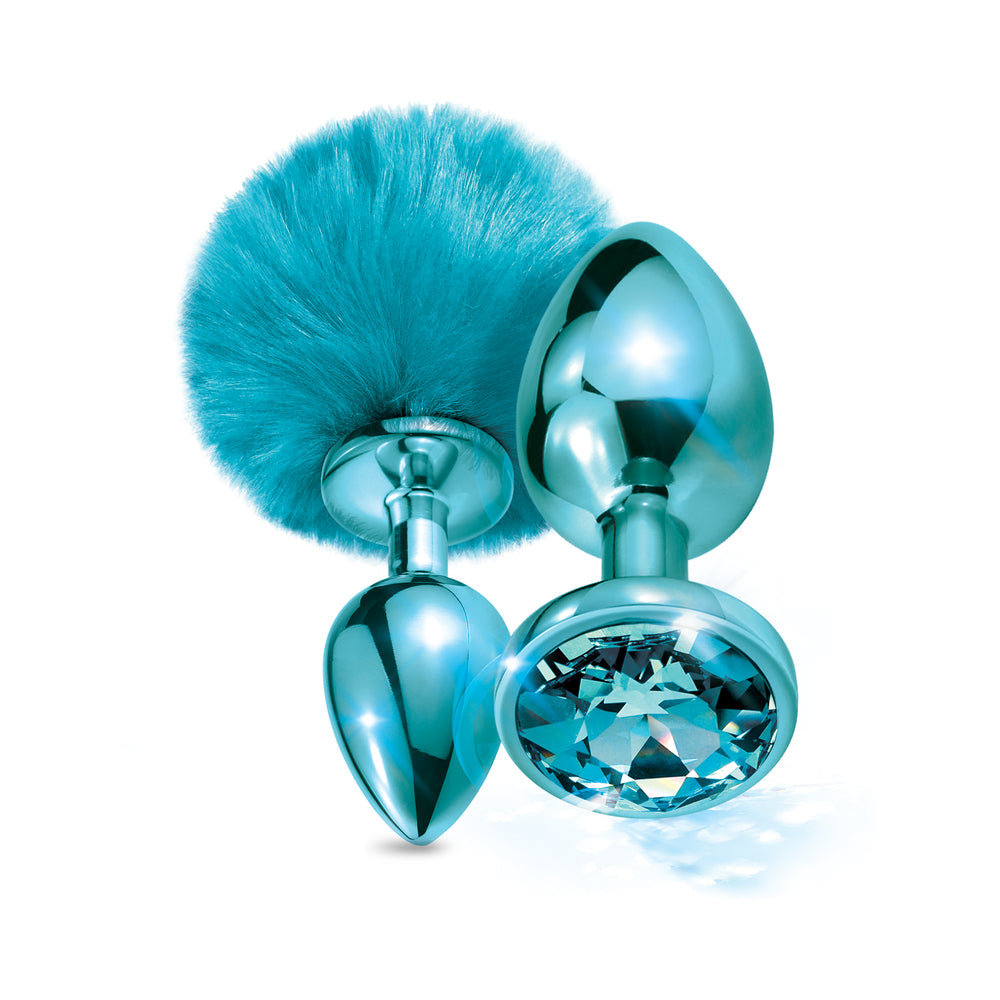 Nixie Metal Butt Plug Set Pom Pom And Jewel-Inlaid Metallic Blue