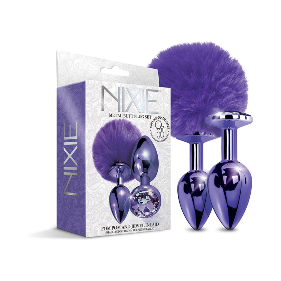 Nixie Metal Butt Plug Set Pom Pom And Jewel-Inlaid Metallic Purple