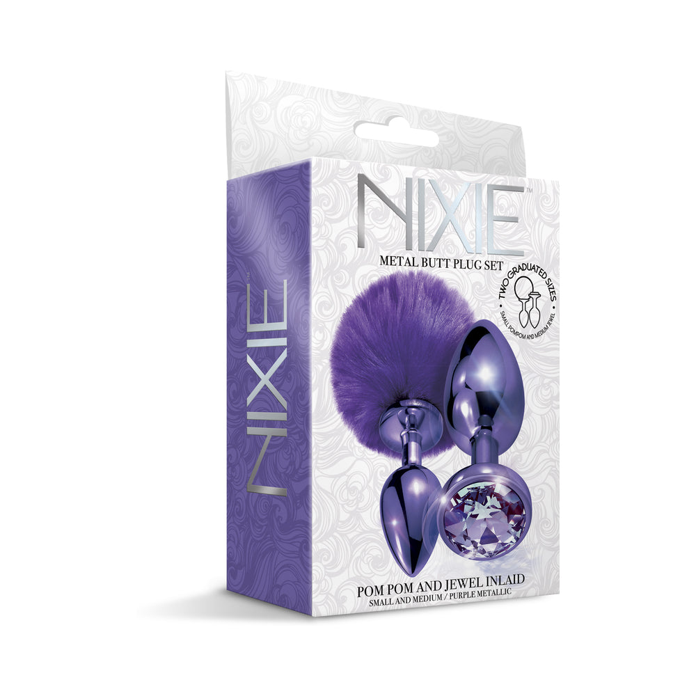 Nixie Metal Butt Plug Set Pom Pom And Jewel-Inlaid Metallic Purple