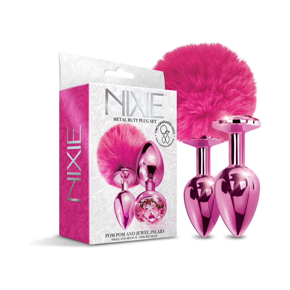 Nixie Metal Butt Plug Set Pom Pom And Jewel-Inlaid Metallic Pink