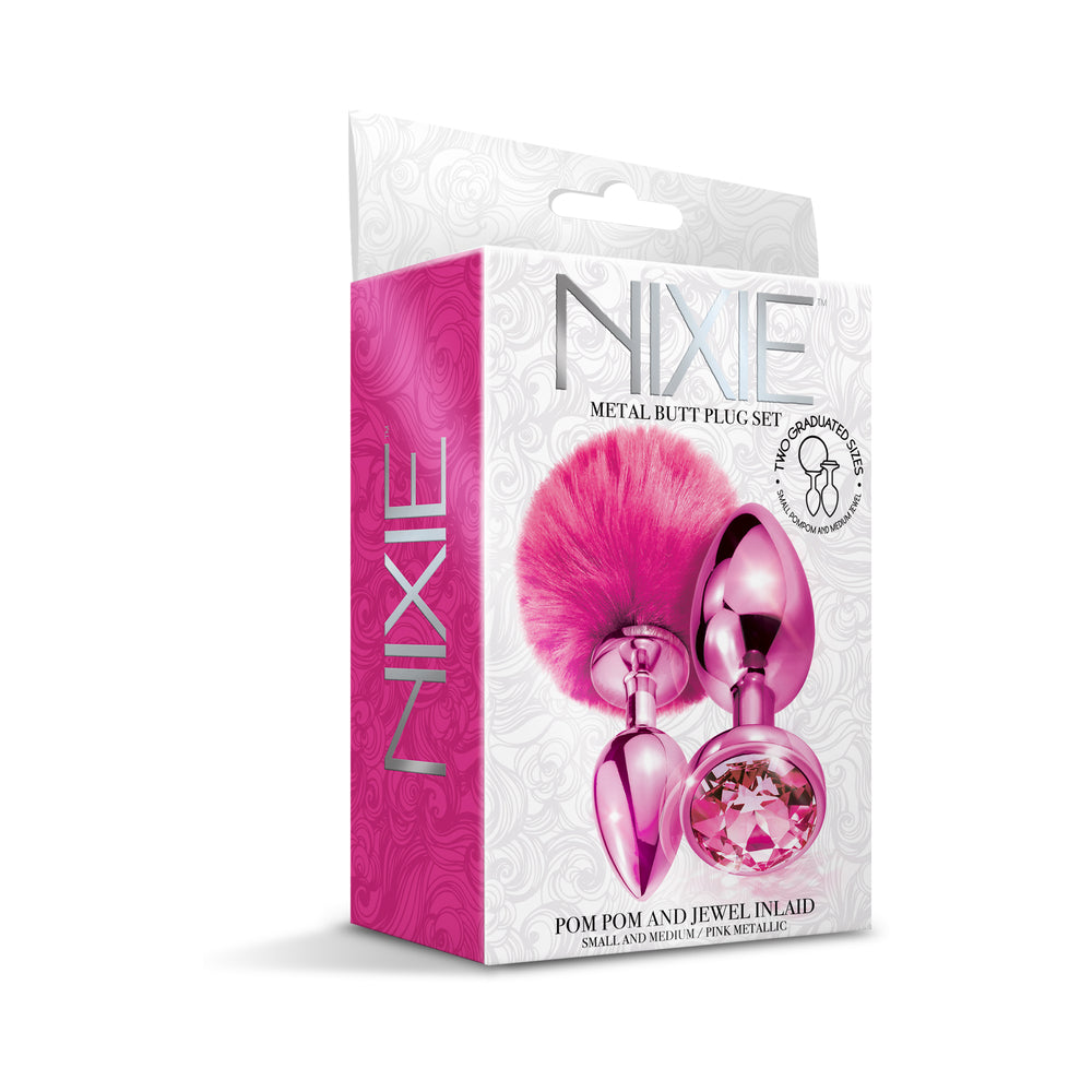 Nixie Metal Butt Plug Set Pom Pom And Jewel-Inlaid Metallic Pink