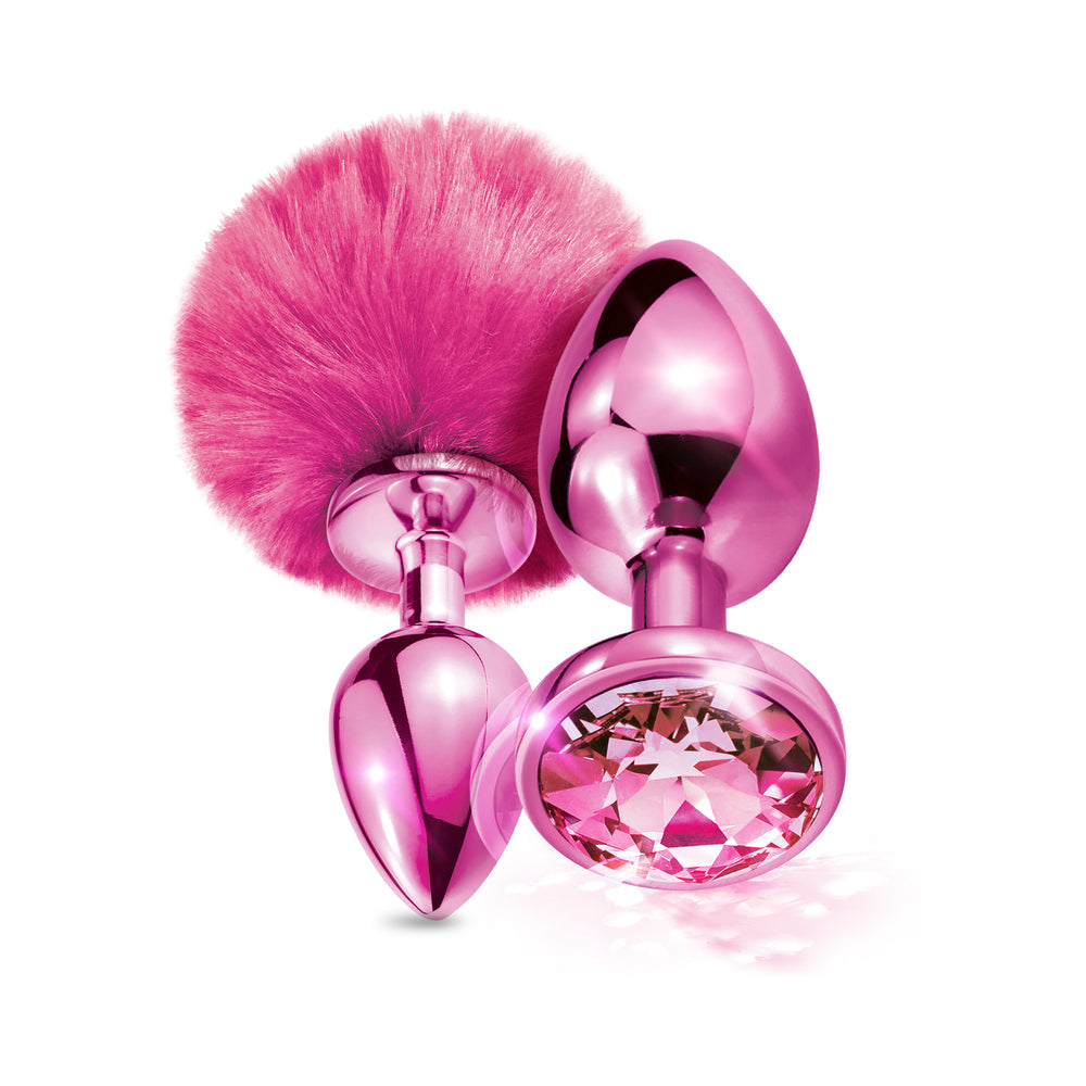 Nixie Metal Butt Plug Set Pom Pom And Jewel-Inlaid Metallic Pink