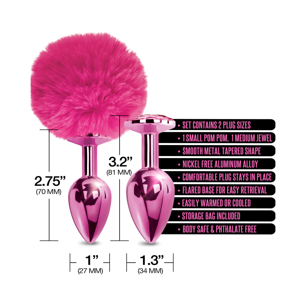 Nixie Metal Butt Plug Set Pom Pom And Jewel-Inlaid Metallic Pink