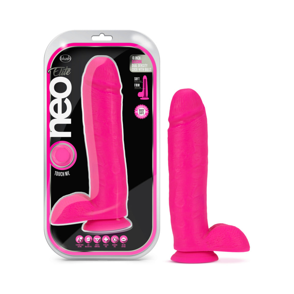 Neo Elite - 10-Inch Silicone Dual-Density Cock With Balls - Neon Pink