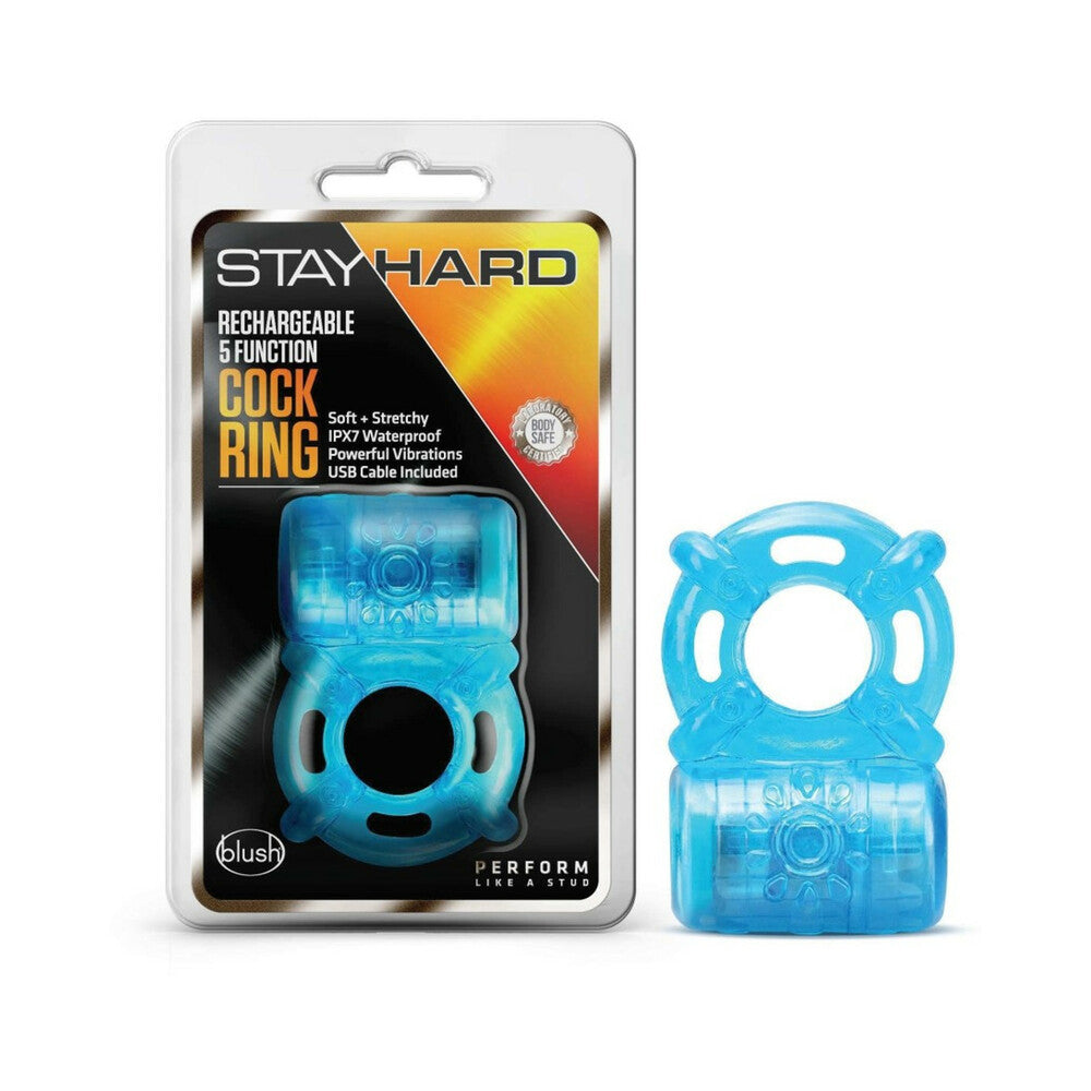 Blush Stay Hard Rechargeable 5 Function Cock Ring- Blue