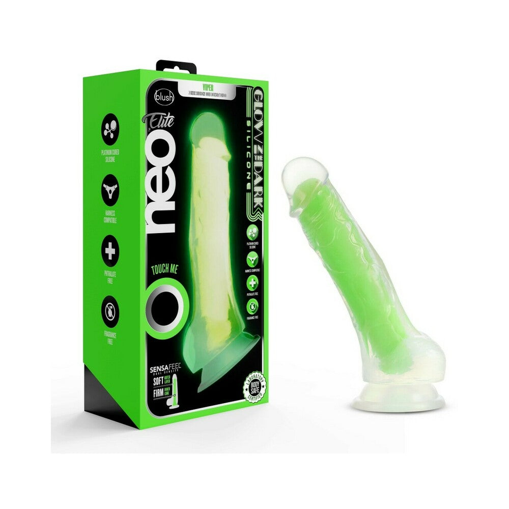 Neo Elite Glow In The Dark Viper 7.5 In Silicone Dual Density Dildo W/ Balls Neon Green