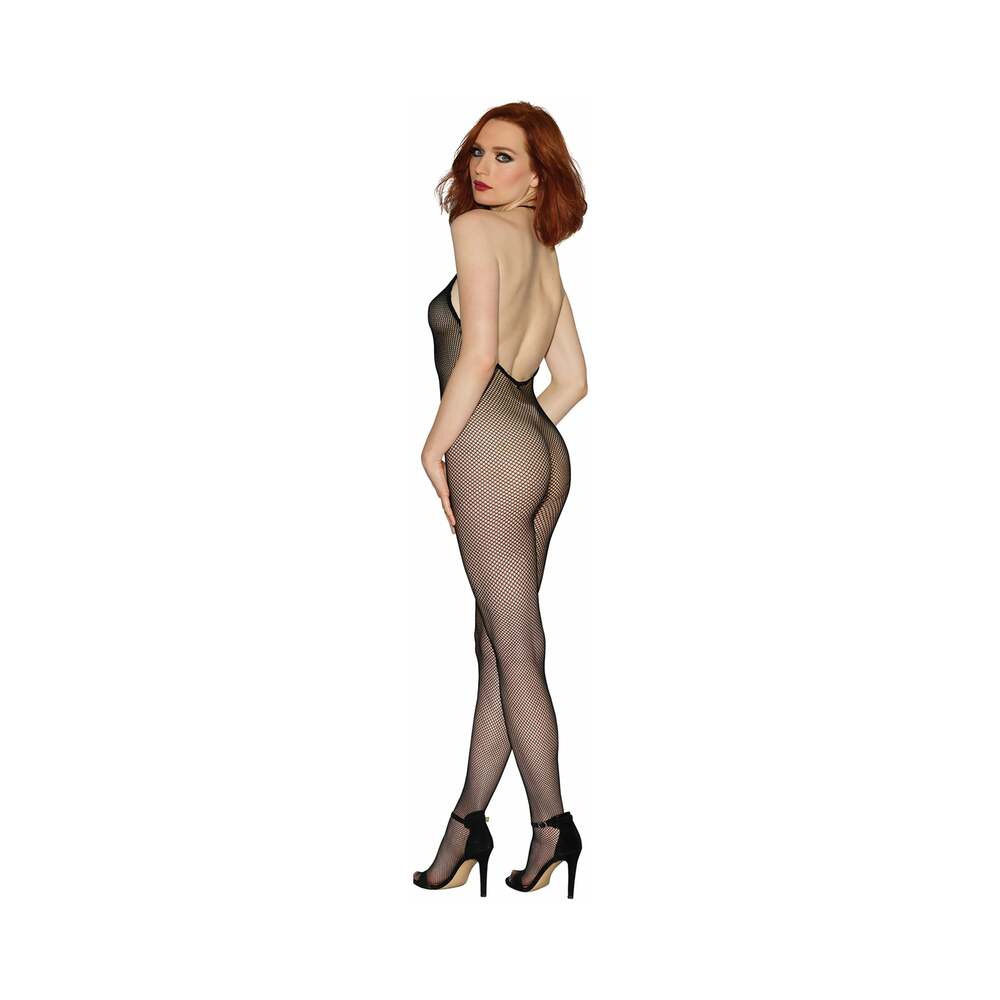 Dreamgirl Seamless Fishnet Bodystocking With Halter Neck, Open Crotch And Low Back Black Os