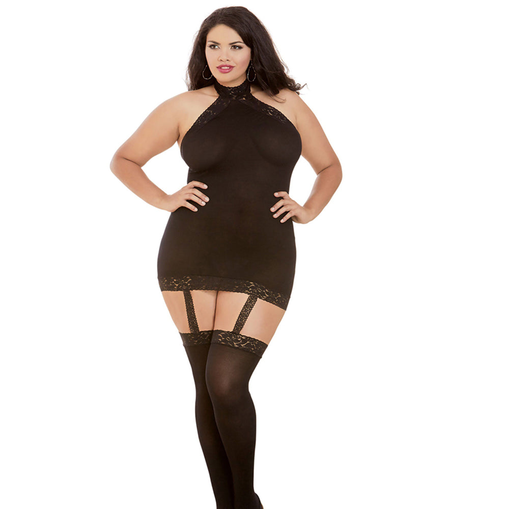 Dreamgirl Semi-Sheer Halter Garter Dress With Snap-Neck Closure, Stretch Lace Trim, Attached Garters