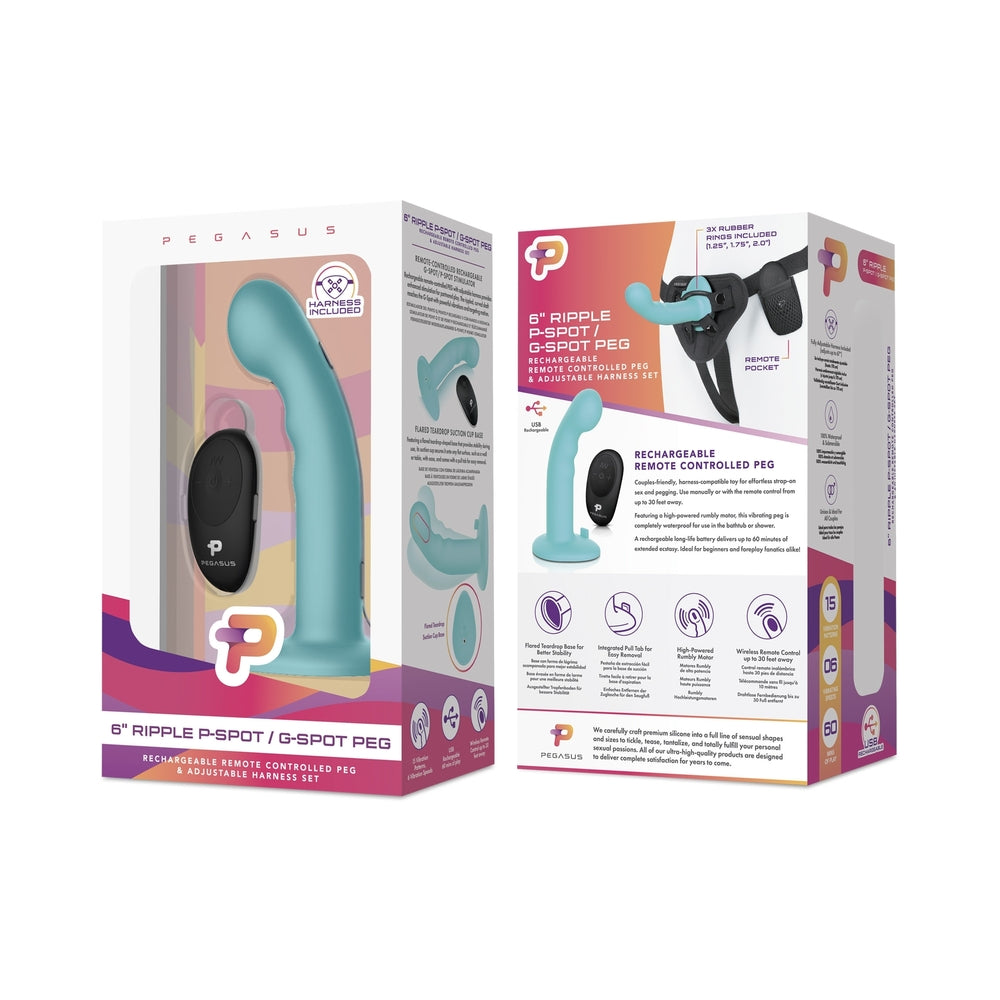 Pegasus Remote Control Ripple P-Spot G-Spot Peg Silicone Dildo With Harness 6 In.