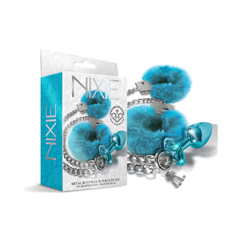 Nixie Metal Butt Plug &amp; Furry Handcuff Set Mediumblue Metallic