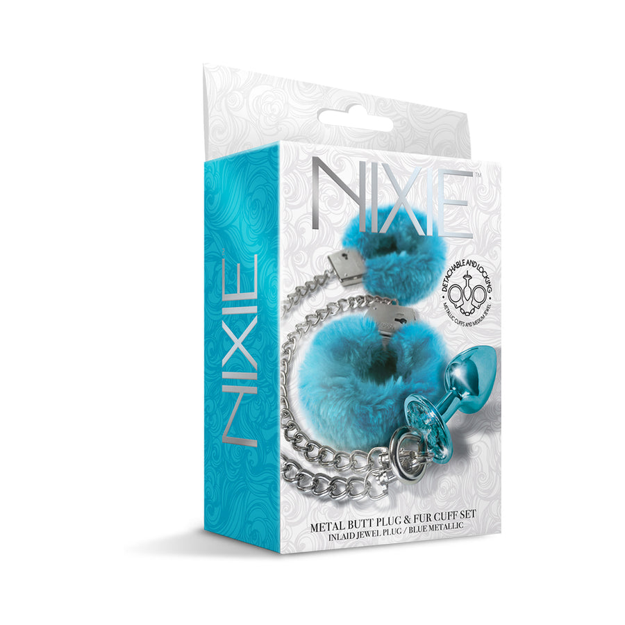 Nixie Metal Butt Plug &amp; Furry Handcuff Set Mediumblue Metallic