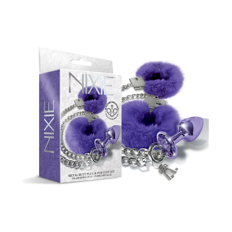 Nixie Metal Butt Plug &amp; Furry Handcuff Set Medium Purple Metallic