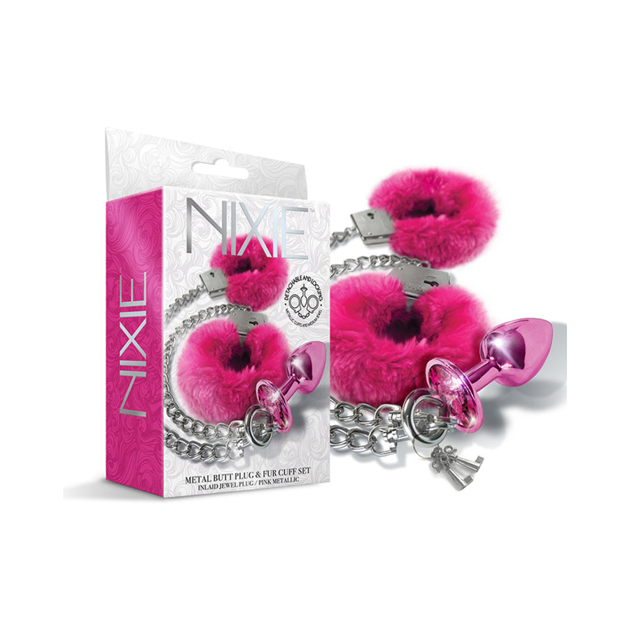 Nixie Metal Butt Plug &amp; Furry Handcuff Set Medium Pink Metallic