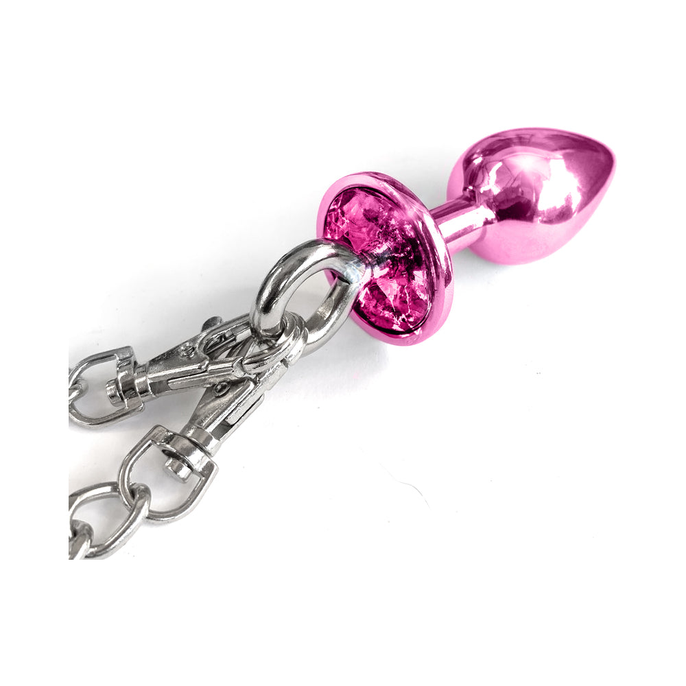 Nixie Metal Butt Plug &amp; Furry Handcuff Set Medium Pink Metallic