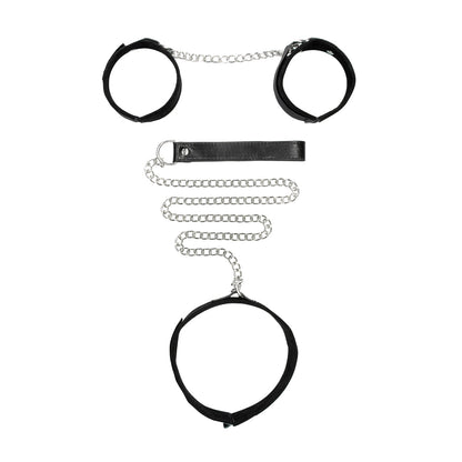 Ouch! Black &amp; White Velcro Collar With Leash And Wrist Cuffs With Adjustable Straps Black