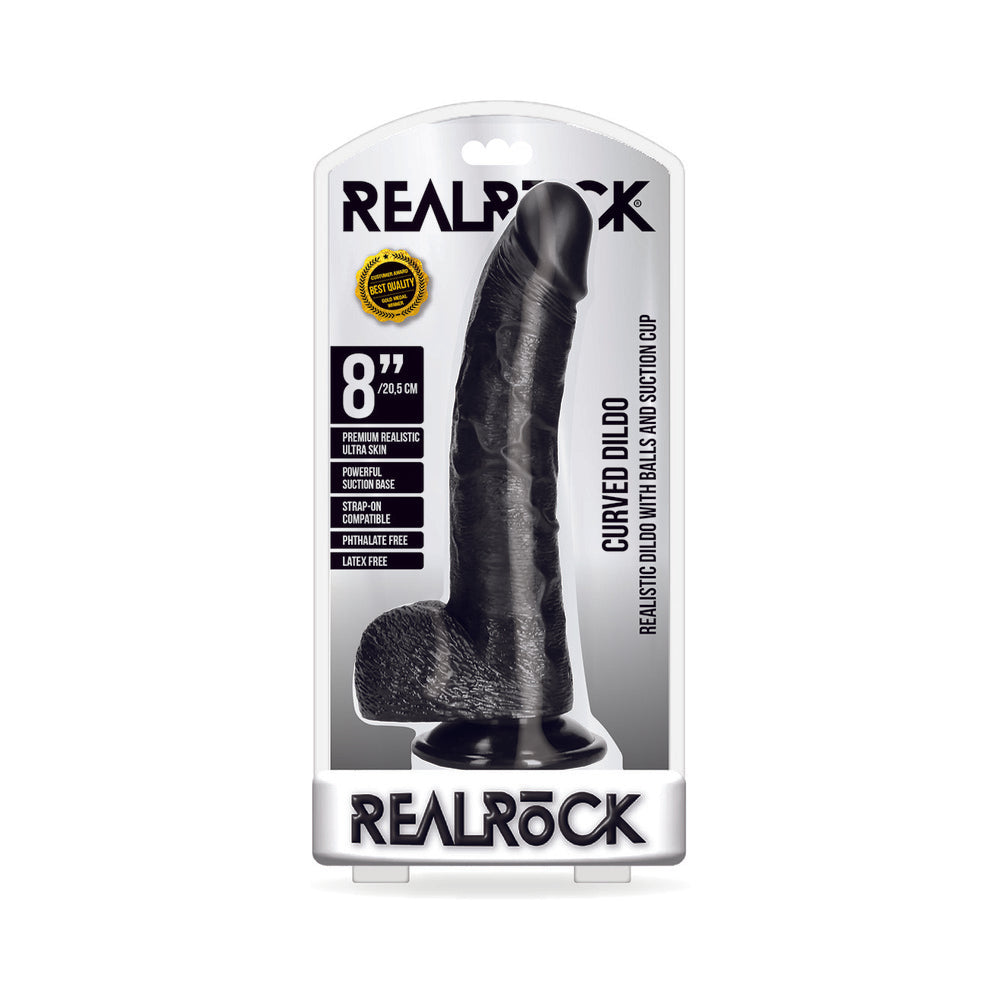 Realrock Curved Realistic Dildo With Balls And Suction Cup 8 In. Black