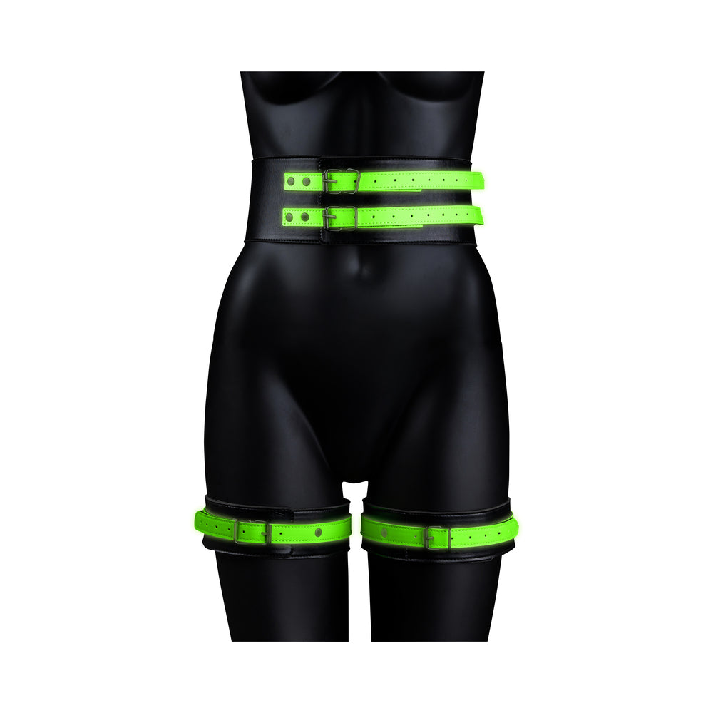 Ouch! Glow Thigh Cuffs, Hand Cuffs &amp; Belt - Glow In The Dark - Green - L/Xl