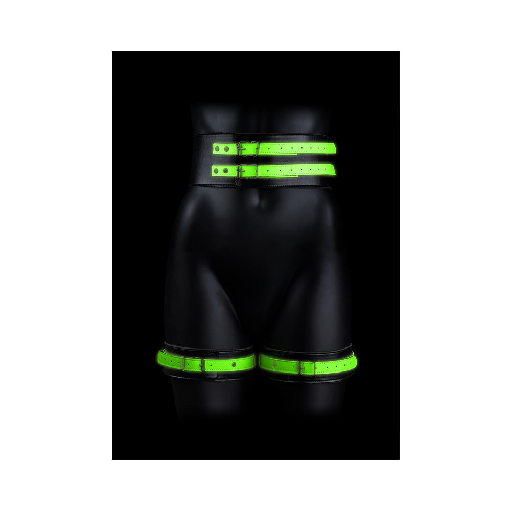 Ouch! Glow Thigh Cuffs, Hand Cuffs &amp; Belt - Glow In The Dark - Green - L/Xl