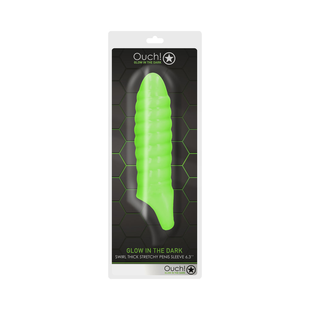 Ouch! Glow Swirl Thick Stretchy Penis Sleeve - Glow In The Dark - Green