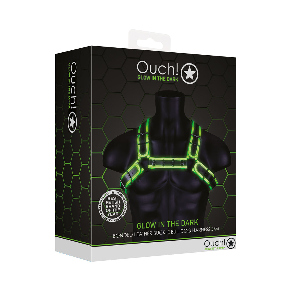 Ouch! Glow Buckle Bulldog Harness - Glow In The Dark - Green - S/M