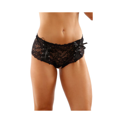 Magnolia Crotchless Lace Boyshort With Lace-Up Panel Details Black S/M