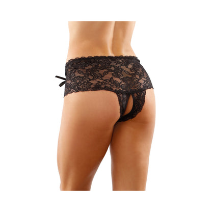 Magnolia Crotchless Lace Boyshort With Lace-Up Panel Details Black S/M