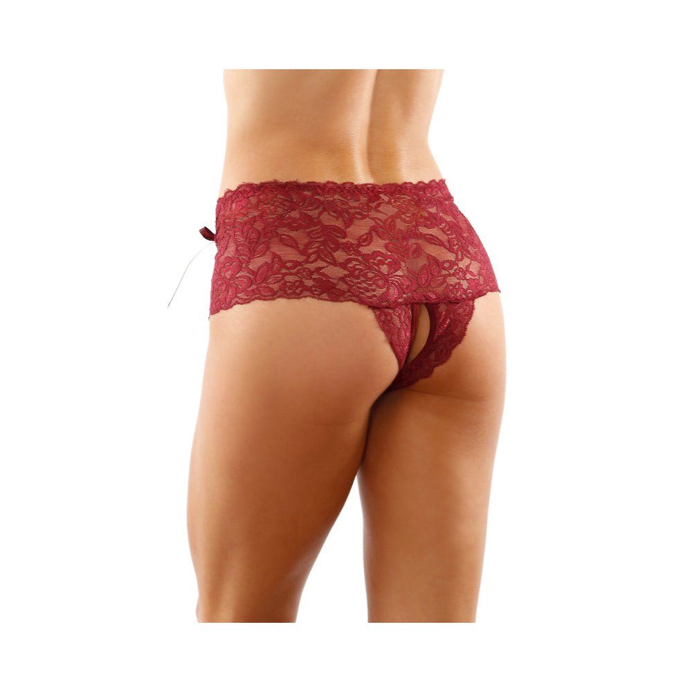 Magnolia Crotchless Lace Boyshort With Lace-Up Panel Details Garnet S/M