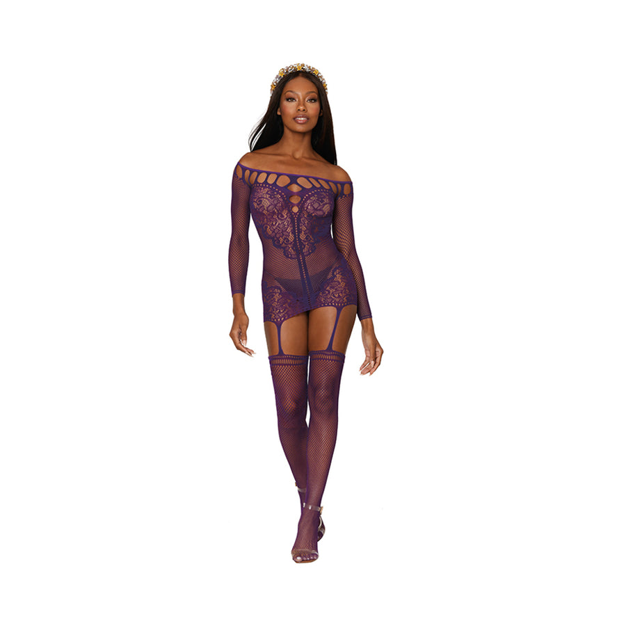 Dreamgirl Fishnet Garterdress W/Stocking Aubergine O/S