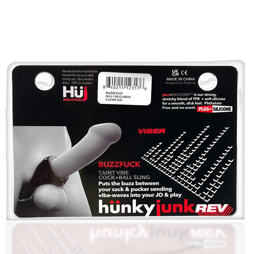 Hunkyjunk Buzzfuck Cock &amp; Ball Sling With Taint Vibrator Clear Ice