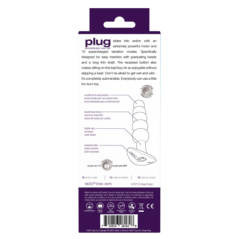 Vedo Plug Rechargeable Silicone Vibrating Anal Plug Purple