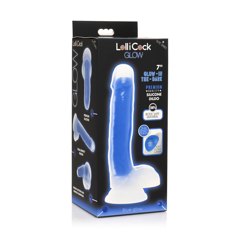 Lollicock Glow-In-The-Dark 7 In. Silicone Dildo With Balls Blue