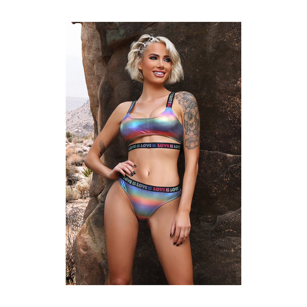 Fantasy Lingerie Vibes Love Is Love Underboob Cut Out Top &amp; Cheeky Panty Rainbow Holo S/M