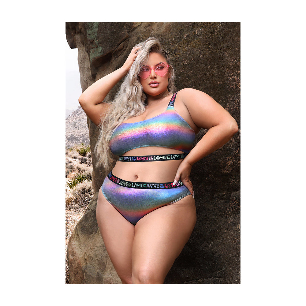 Fantasy Lingerie Vibes Love Is Love Underboob Cut Out Top &amp; Cheeky Panty Rainbow Holo Queen Size