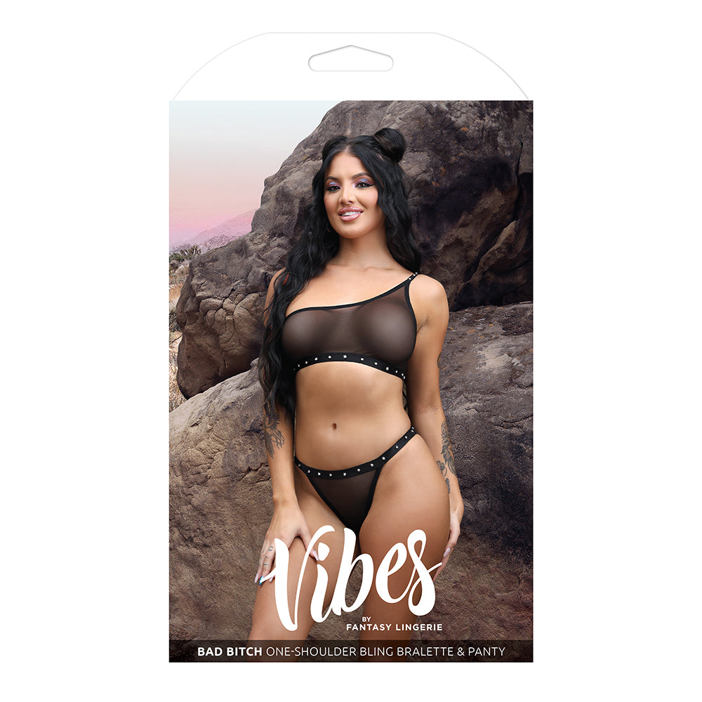 Fantasy Lingerie Vibes Bad Bitch One-Shoulder Bling Bralette &amp; Bikini Panty With Rhinestone Letterin