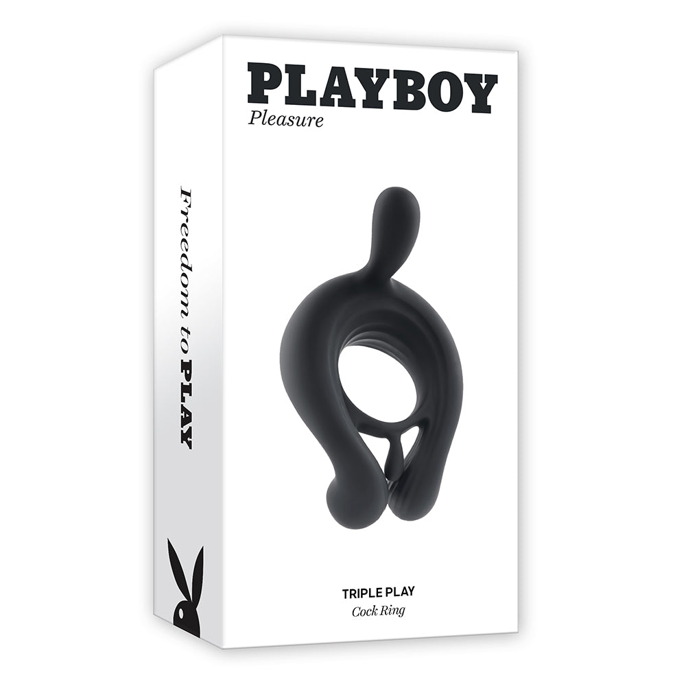 Playboy Triple Play Rechargeable Remote Controlled Vibrating Silicone Cockring With Stimulator Black