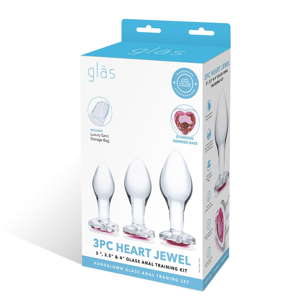 Glas Heart Jewel 3-Piece Glass Anal Plug With Heart-Shaped Gem Base Set