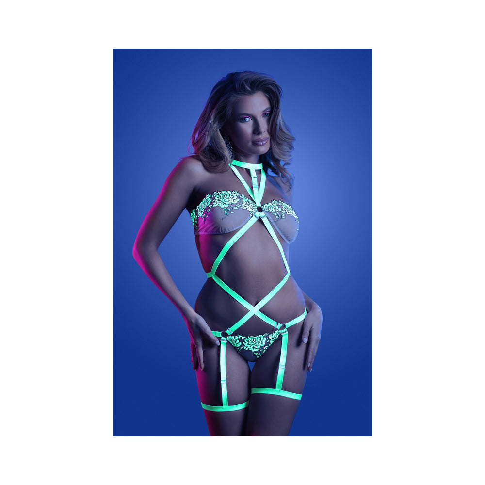 Fantasy Lingerie Glow Night Vision Glow-In-The-Dark Lace Strappy Teddy White M/L