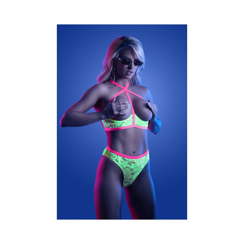 Fantasy Lingerie Glow Persuasive Contrast Elastic Open Cup Lace Cage Bra &amp; Panty Neon Green S/M