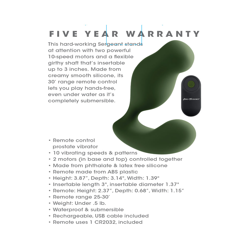 Zero Tolerance The Sergeant Rechargeable Vibrating Prostate Anal Vibe Silicone Green