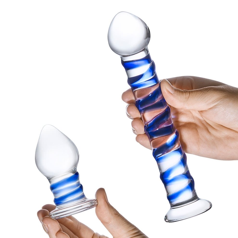 Glas 2-piece Double Penetration Glass Swirly Dildo &amp; Butt Plug Set-Electric Eel-Sexual Toys®