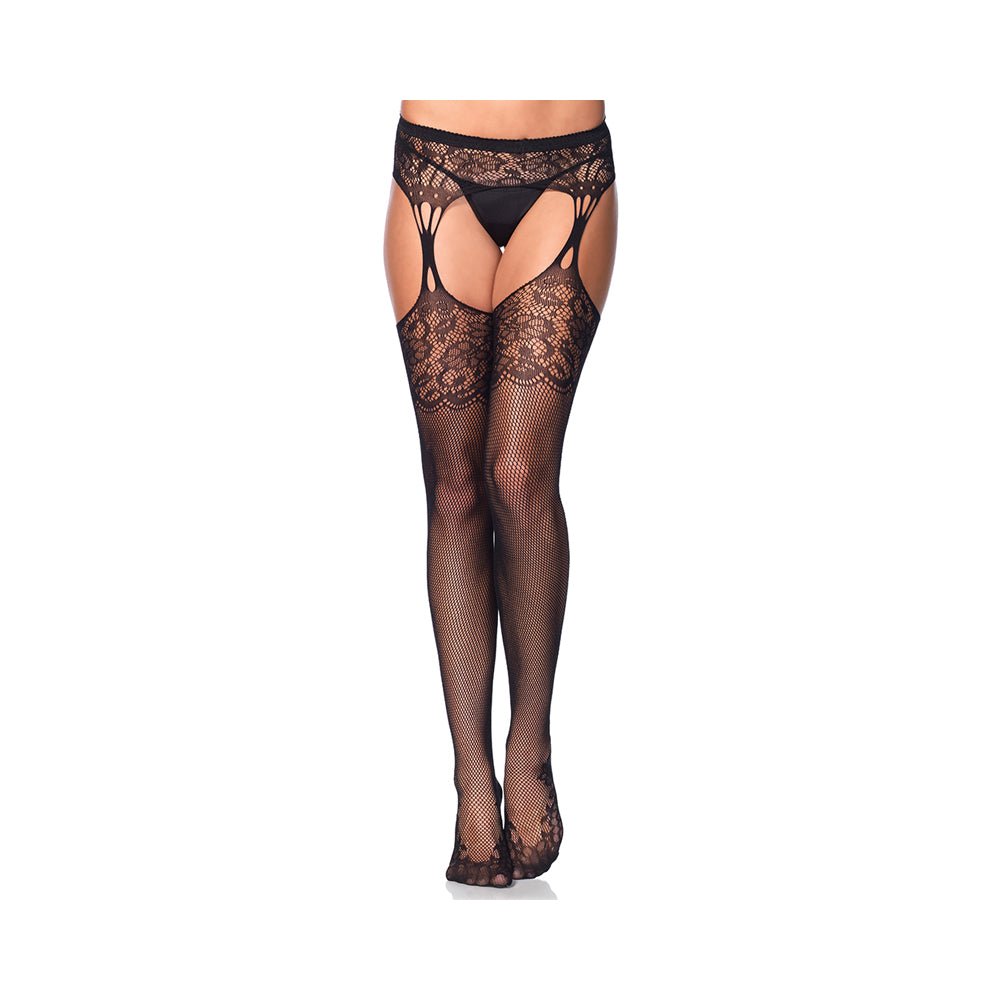 Lace Top Fishnet Stocking Cuban Heel &amp; Tear Drop Garterbelt O/S Black-blank-Sexual Toys®